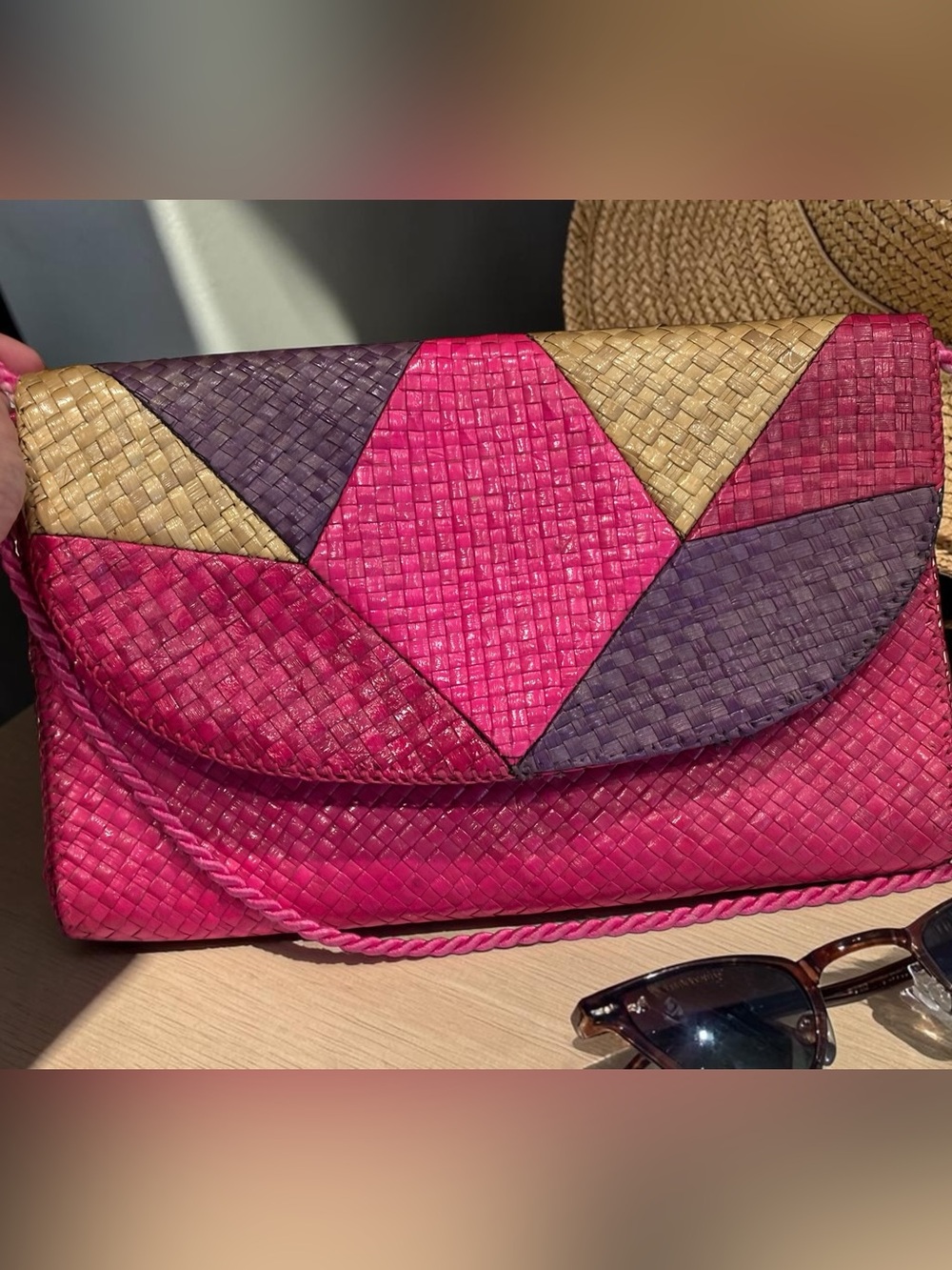 Vintage handwoven straw colorblock purse pink, purple, fuchsia clutch crossbody